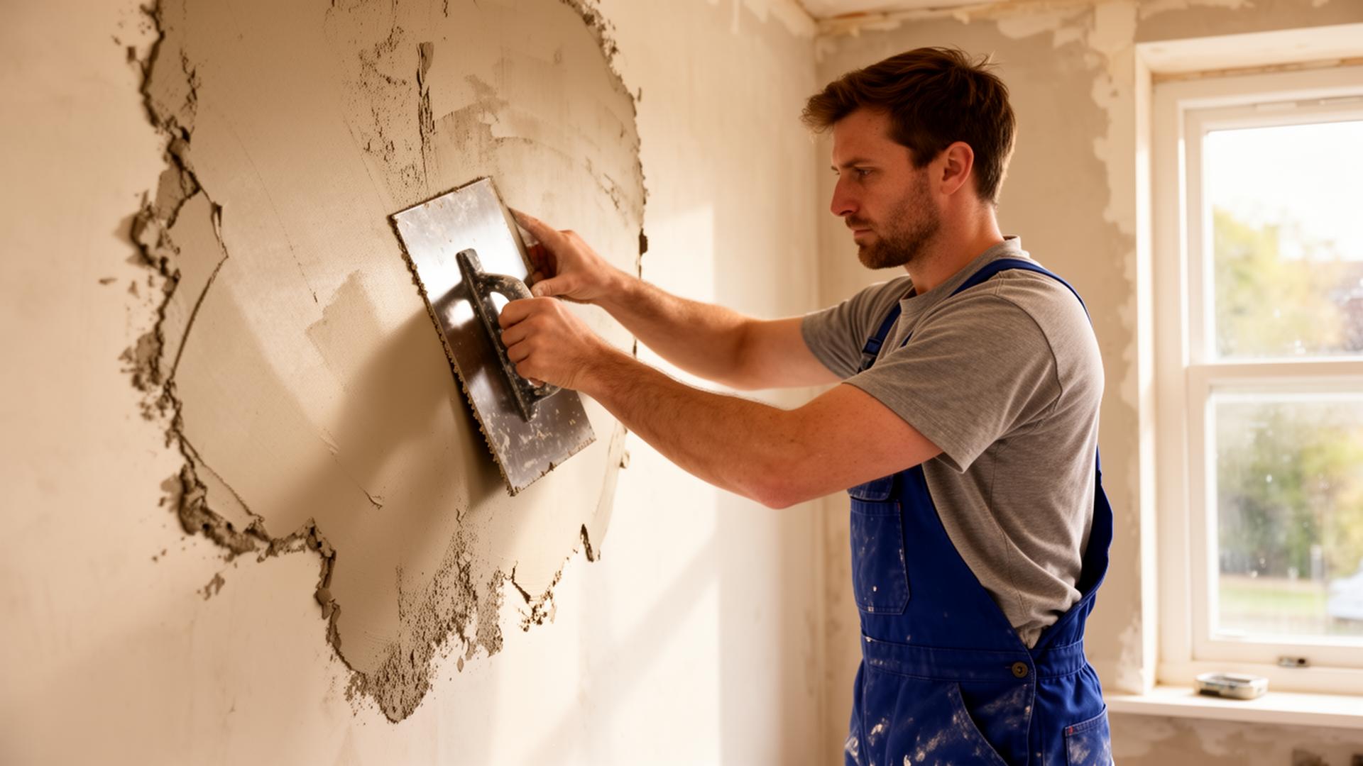 Professional plasterer skimming a wall in a Stafford home